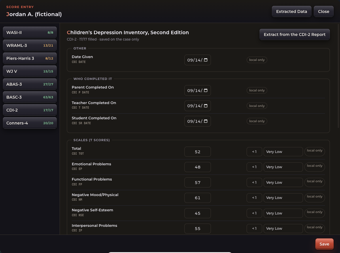 The AUTOMATA score entry card for the CDI 2, filled in with made-up scores for a fictional student, showing each score with its percentile and descriptor.