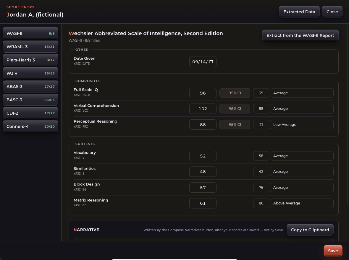 The AUTOMATA score entry card for the WASI-II, filled in with made-up scores for a fictional student, showing each score with its percentile and descriptor.
