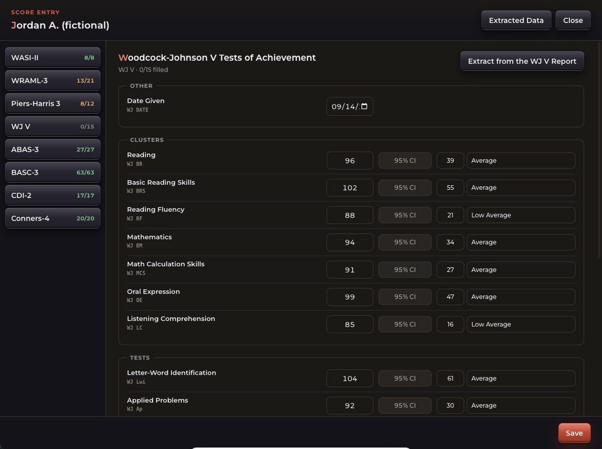 The AUTOMATA score entry card for the WJ V, filled in with made-up scores for a fictional student, showing each score with its percentile and descriptor.