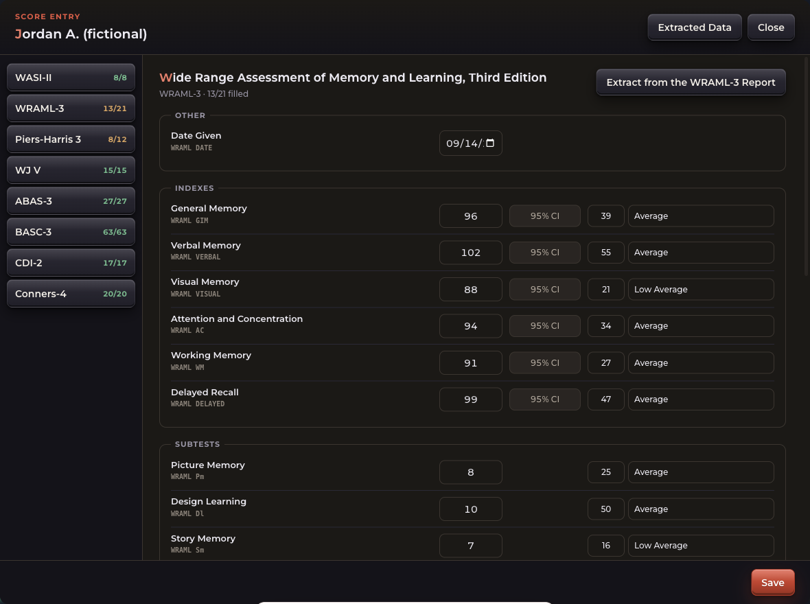 The AUTOMATA score entry card for the WRAML-3, filled in with made-up scores for a fictional student, showing each score with its percentile and descriptor.